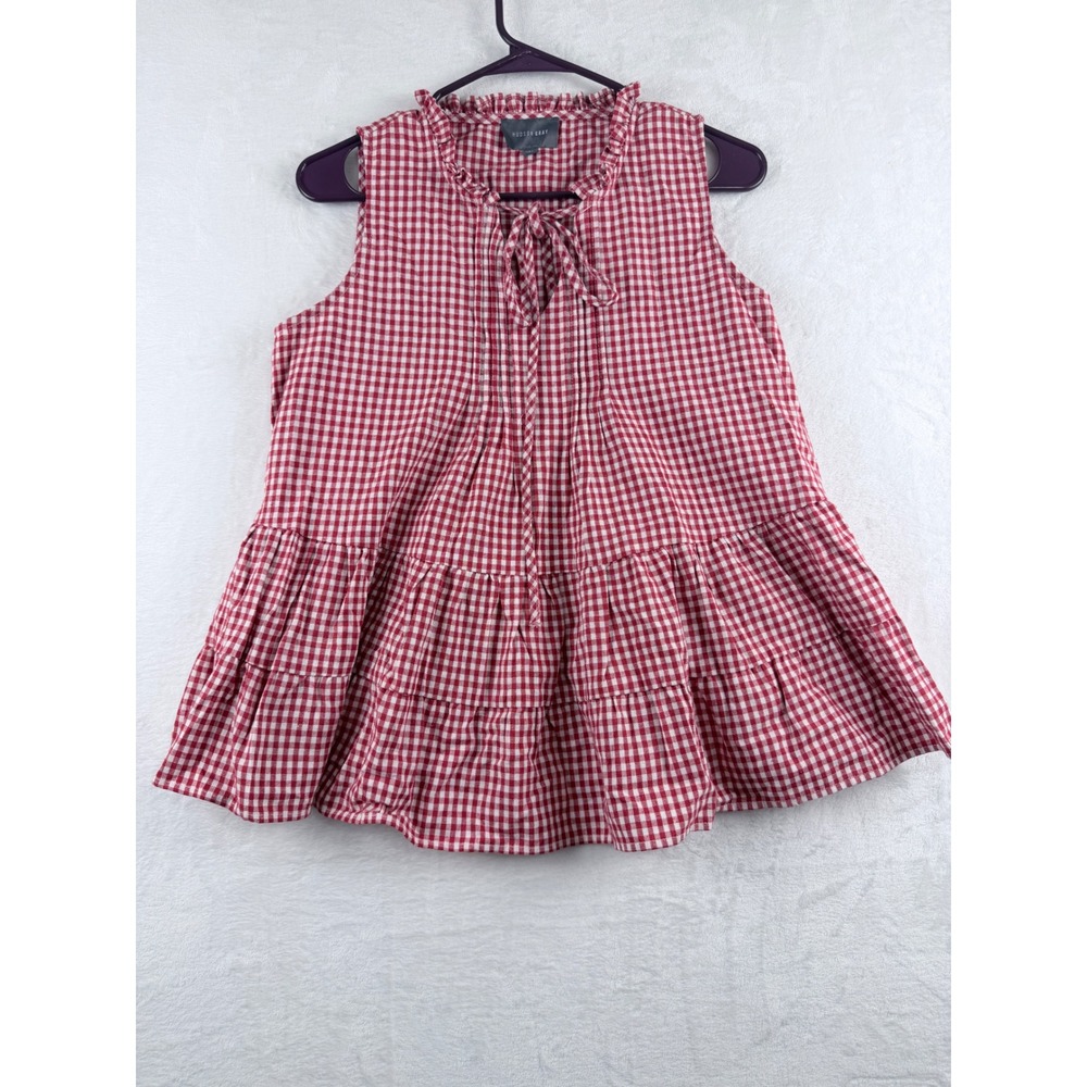 Hudson Gray Sleeveless Top Gingham Ruffle Tie Neck Tiered Red White Size M
